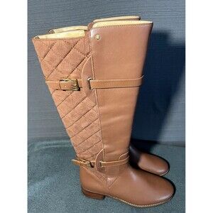 Isaac Mizrahi Live Womens Sz 7 Wide Calf Quilted Leather Riding Boot Cognac NEW